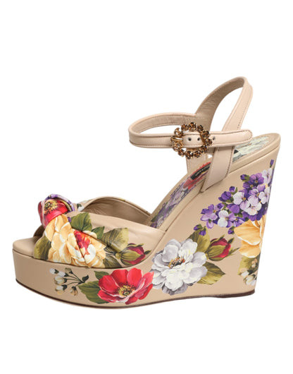 Sandali con zeppa e cinturino alla caviglia con stampa floreale beige Dolce &amp; Gabbana