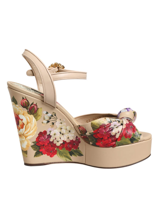Sandali con zeppa e cinturino alla caviglia con stampa floreale beige Dolce &amp; Gabbana