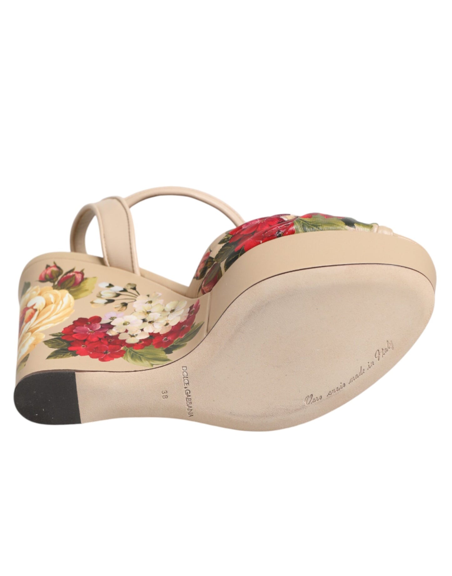 Sandali con zeppa e cinturino alla caviglia con stampa floreale beige Dolce &amp; Gabbana