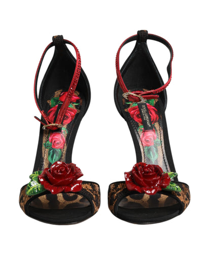 Sandali Dolce & Gabbana con rose di cristallo leopardate marroni