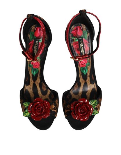 Sandali Dolce & Gabbana con rose di cristallo leopardate marroni