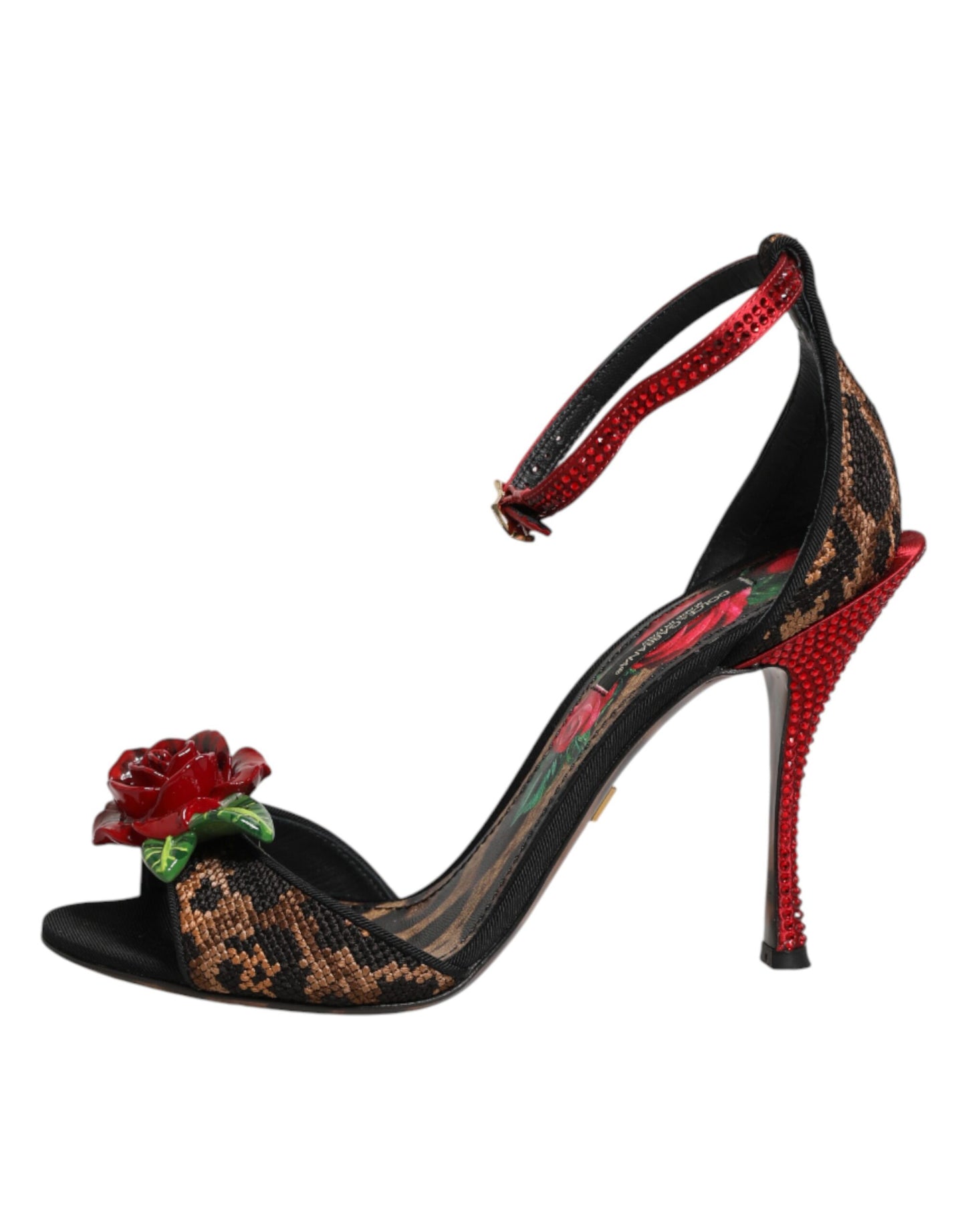 Sandali Dolce & Gabbana con rose di cristallo leopardate marroni