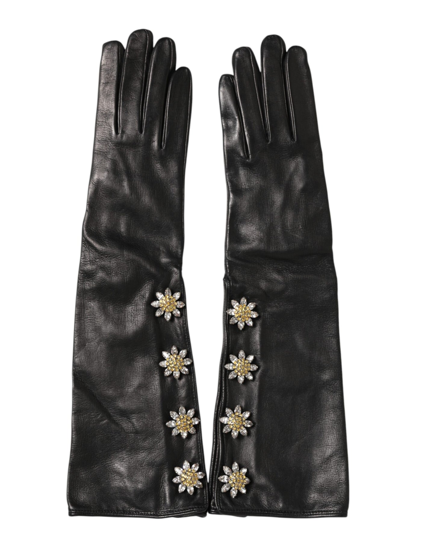 Guanti lunghi in pelle nera con decorazioni Dolce & Gabbana