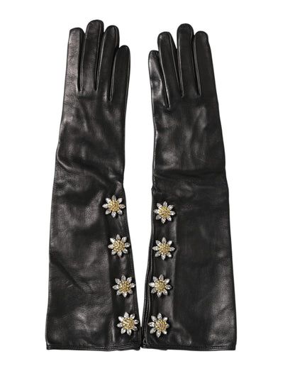 Guanti lunghi in pelle nera con decorazioni Dolce & Gabbana