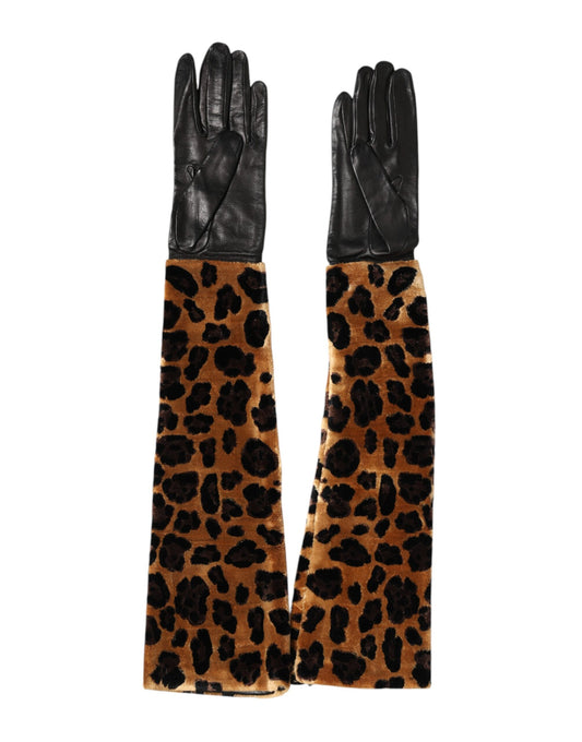 Guanti lunghi fino al gomito in pelle leopardata marrone e nera Dolce &amp; Gabbana