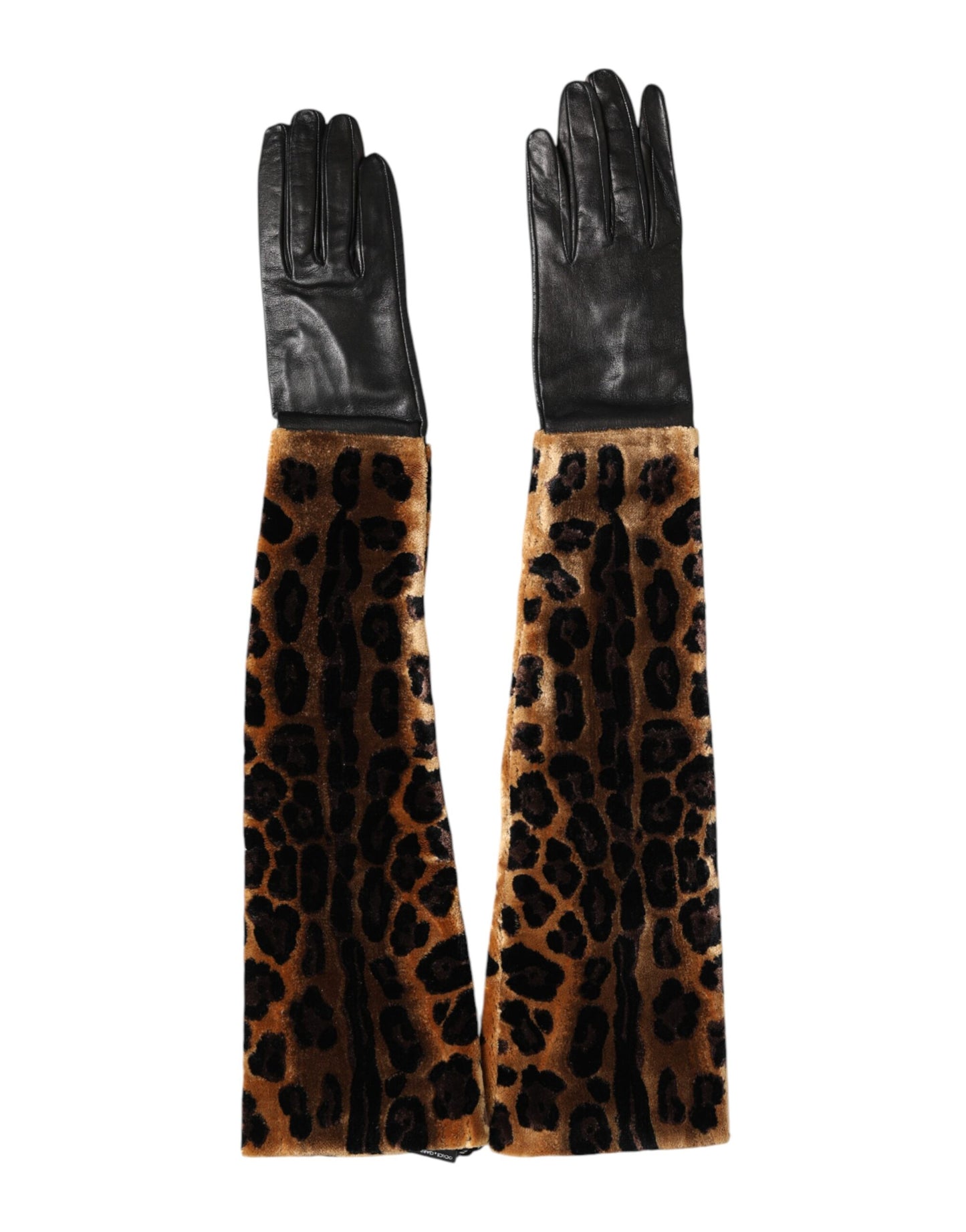 Guanti lunghi fino al gomito in pelle leopardata marrone e nera Dolce &amp; Gabbana