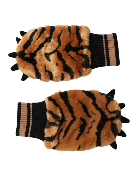 Guanti da polso in pelliccia lavorata a maglia con tigre marrone Dolce &amp; Gabbana, taglia unica