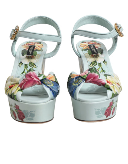Sandali con zeppa e cinturino alla caviglia con stampa floreale verde Dolce &amp; Gabbana
