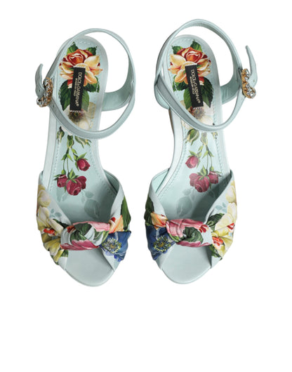 Sandali con zeppa e cinturino alla caviglia con stampa floreale verde Dolce &amp; Gabbana