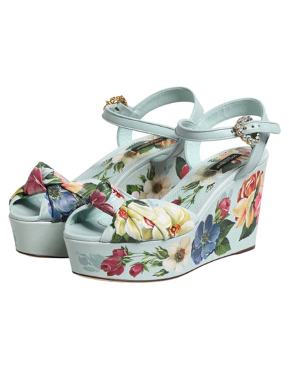 Sandali con zeppa e cinturino alla caviglia con stampa floreale verde Dolce &amp; Gabbana