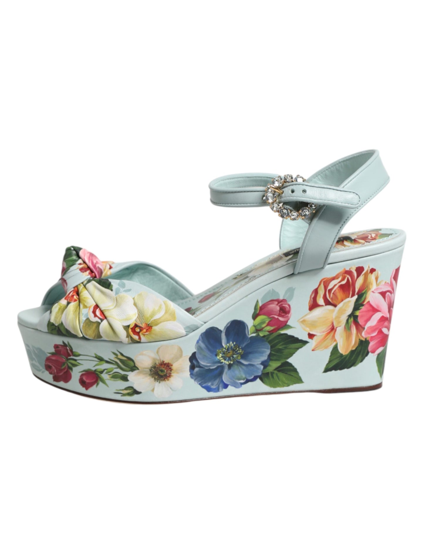 Sandali con zeppa e cinturino alla caviglia con stampa floreale verde Dolce &amp; Gabbana