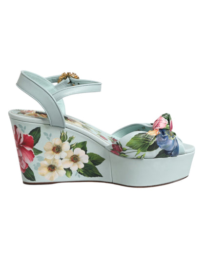 Sandali con zeppa e cinturino alla caviglia con stampa floreale verde Dolce &amp; Gabbana