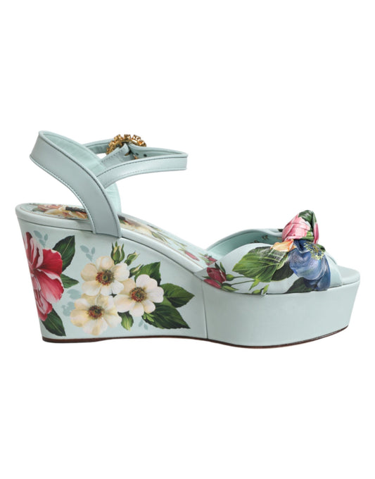 Sandali con zeppa e cinturino alla caviglia con stampa floreale verde Dolce &amp; Gabbana