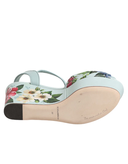 Sandali con zeppa e cinturino alla caviglia con stampa floreale verde Dolce &amp; Gabbana
