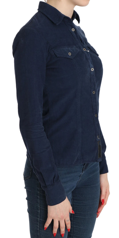 Camicia a maniche lunghe in velluto a coste blu cotone Acht