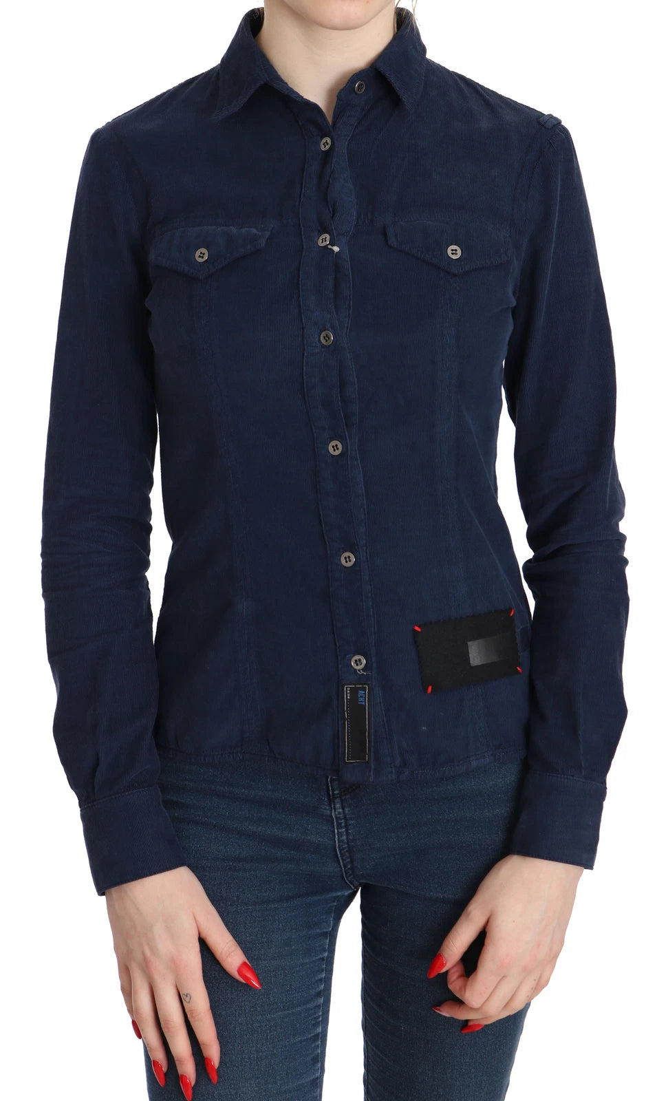 Camicia a maniche lunghe in velluto a coste blu cotone Acht