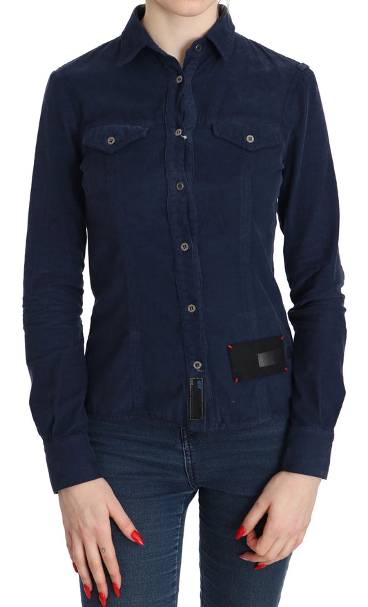 Camicia a maniche lunghe in velluto a coste blu cotone Acht