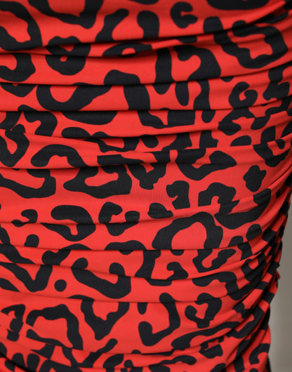 Abito midi in nylon con stampa leopardata rossa Dolce &amp; Gabbana