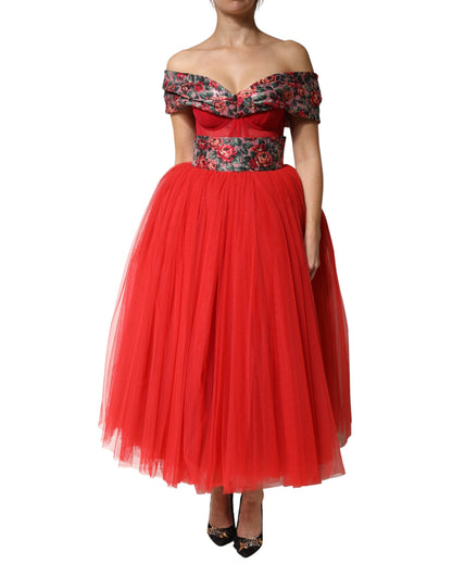 Dolce &amp; Gabbana Abito a trapezio con spalle scoperte e stampa floreale rossa