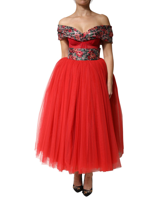 Dolce &amp; Gabbana Abito a trapezio con spalle scoperte e stampa floreale rossa