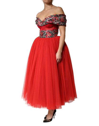 Dolce &amp; Gabbana Abito a trapezio con spalle scoperte e stampa floreale rossa
