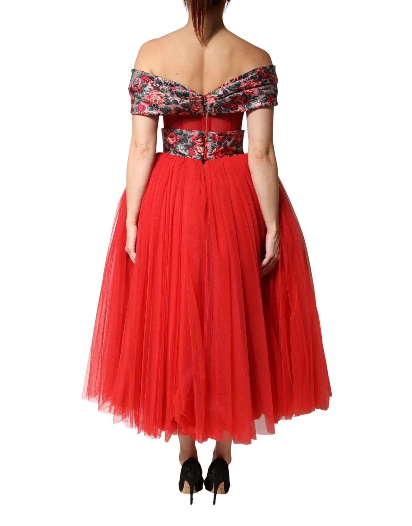 Dolce &amp; Gabbana Abito a trapezio con spalle scoperte e stampa floreale rossa