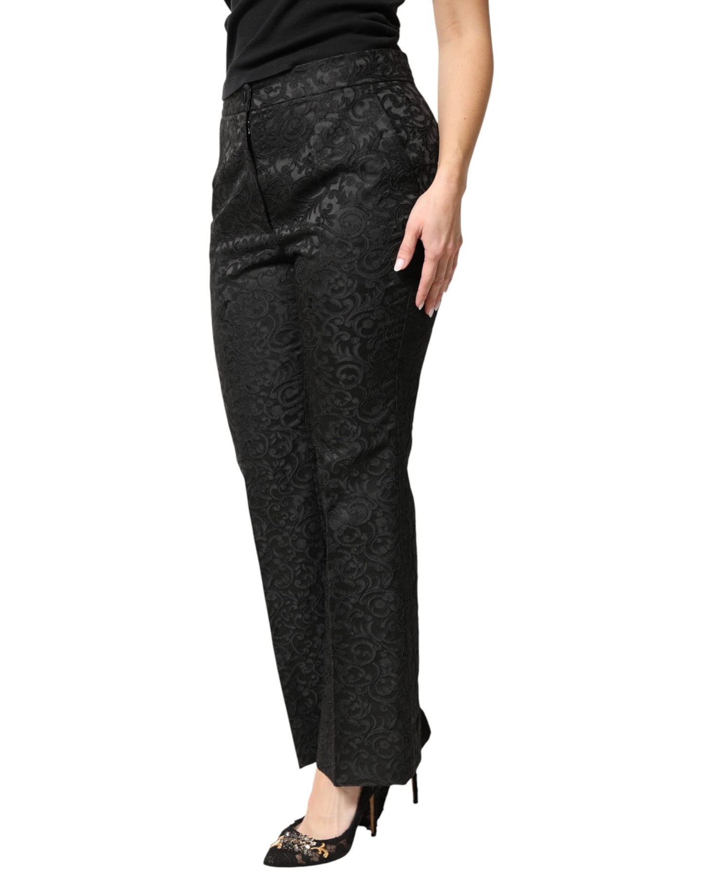 Pantaloni a vita alta in broccato floreale nero Dolce &amp; Gabbana